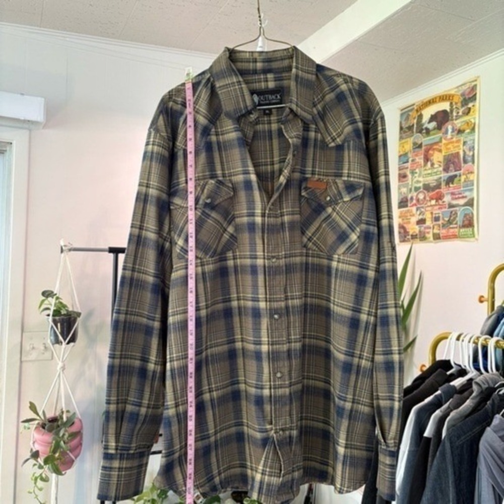 Outback Flannel Western Shirt Plaid Long Sleeve‎ Button Up Cowboy Style Size XL